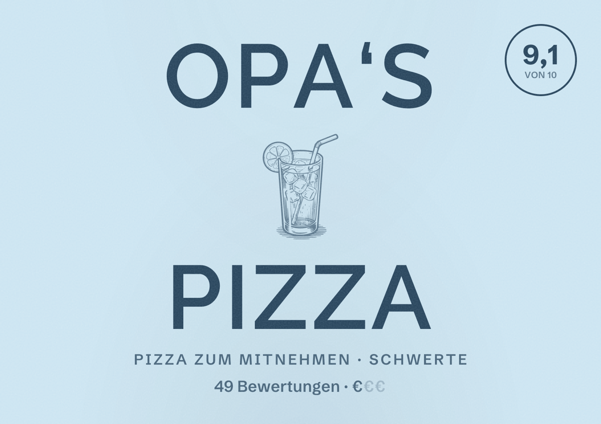 Illustriertes Poster von OPA‘S PIZZA, Pizza zum Mitnehmen in Schwerte: Bewertung 9,1 von 10 aus 49 Bewertungen, Preisniveau €