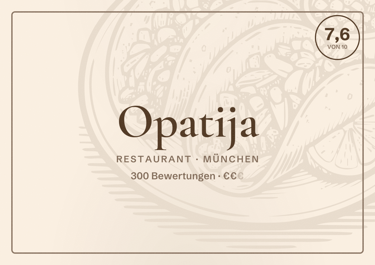 Illustriertes Poster von Opatija, Restaurant in München: Bewertung 7,6 von 10 aus 300 Bewertungen, Preisniveau €€