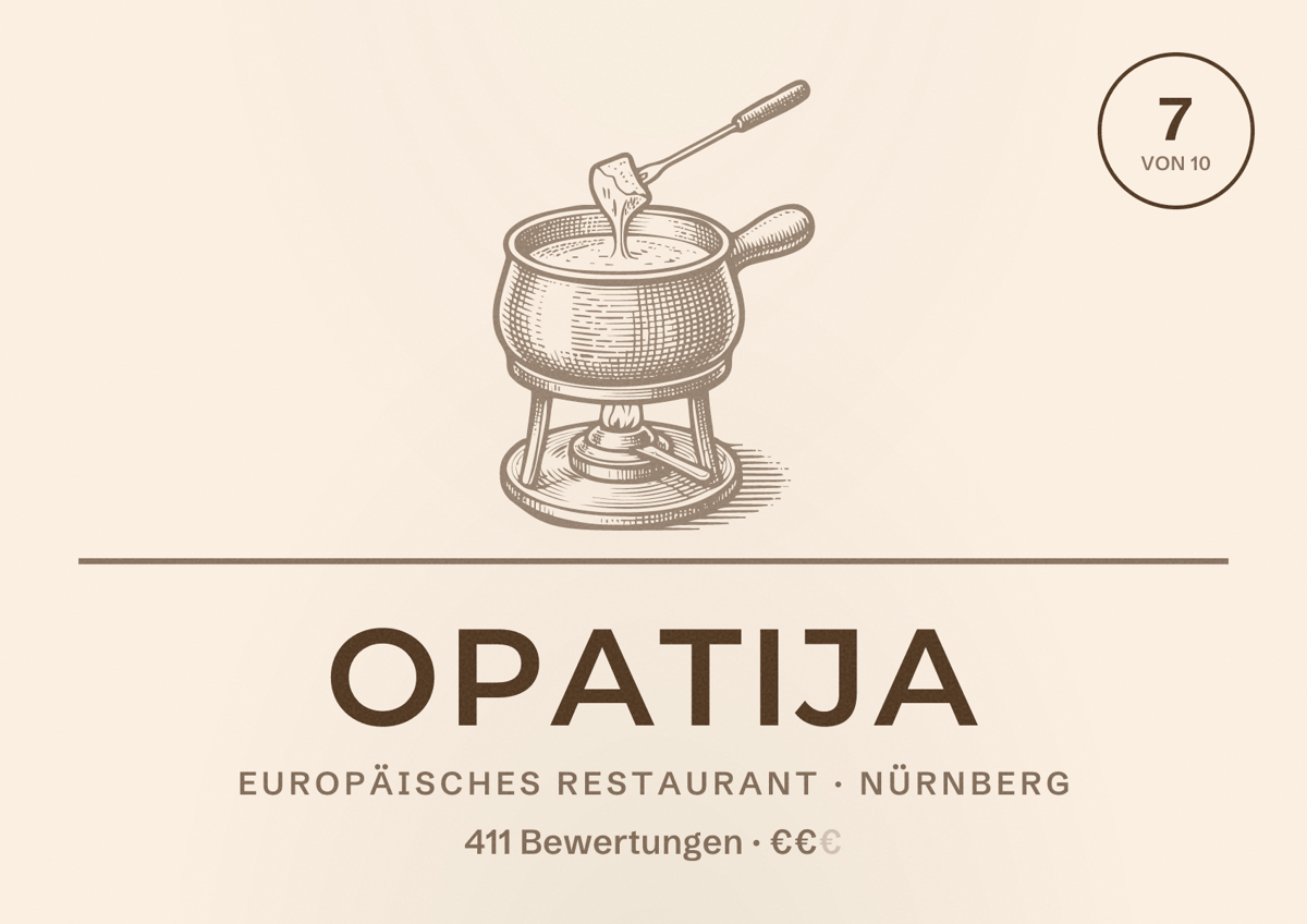 Illustriertes Poster von Opatija, Europäisches Restaurant in Nürnberg: Bewertung 7 von 10 aus 411 Bewertungen, Preisniveau €€