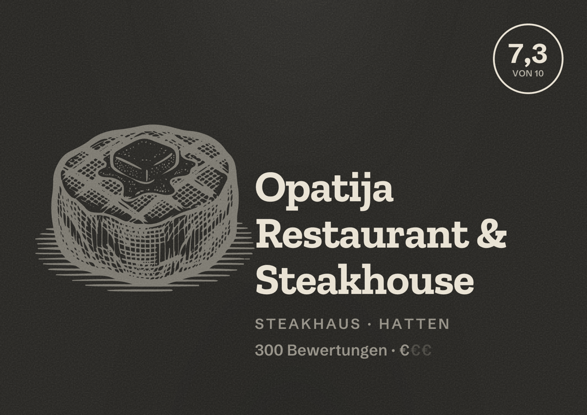 Illustriertes Poster von Opatija Restaurant & Steakhouse, Steakhaus in Hatten: Bewertung 7,3 von 10 aus 300 Bewertungen, Preisniveau €