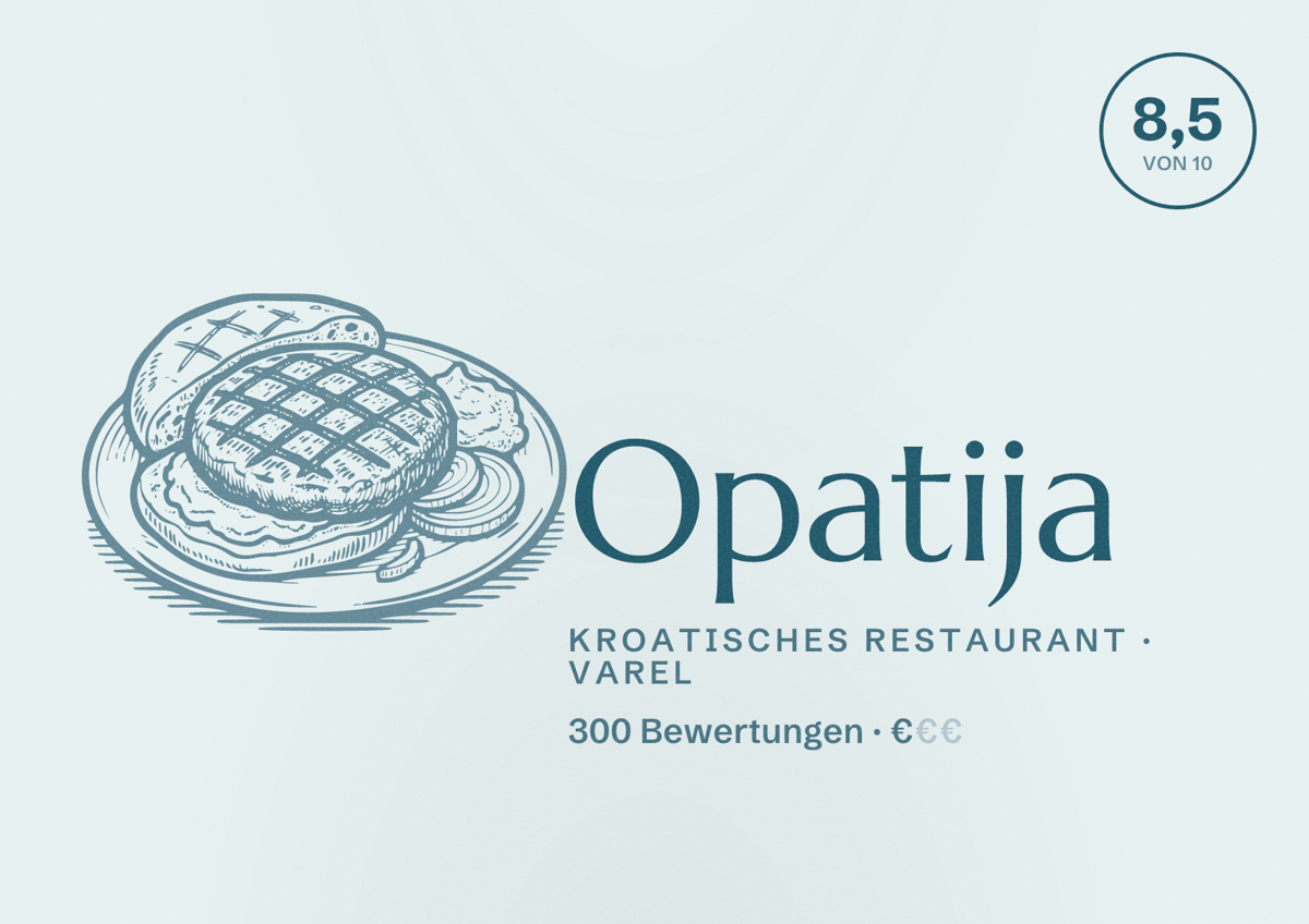 Illustriertes Poster von Opatija, Kroatisches Restaurant in Varel: Bewertung 8,5 von 10 aus 300 Bewertungen, Preisniveau €