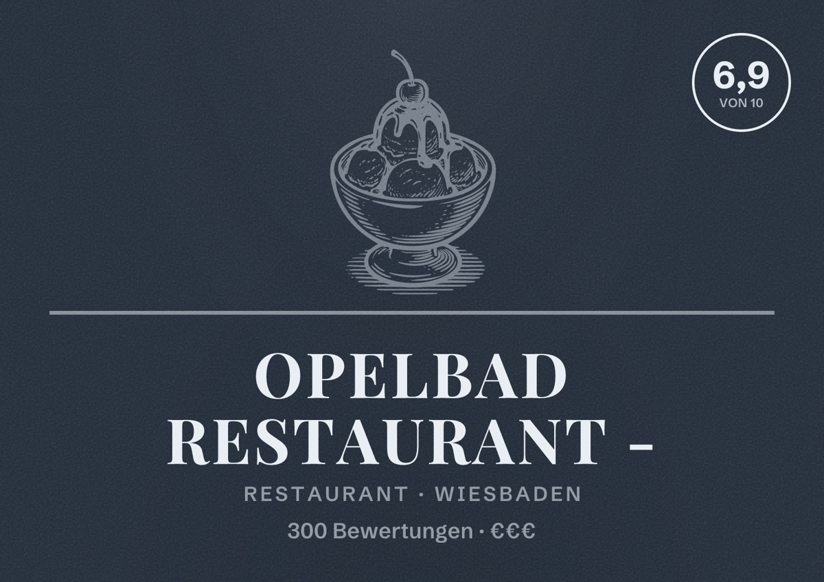 Illustriertes Poster von Opelbad Restaurant -, Restaurant in Wiesbaden: Bewertung 6,9 von 10 aus 300 Bewertungen, Preisniveau €€€
