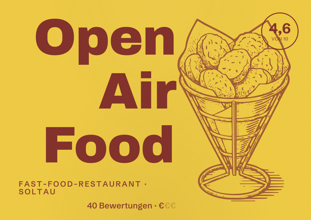 Illustriertes Poster von Open Air Food, Fast-Food-Restaurant in Soltau: Bewertung 4,6 von 10 aus 40 Bewertungen, Preisniveau €