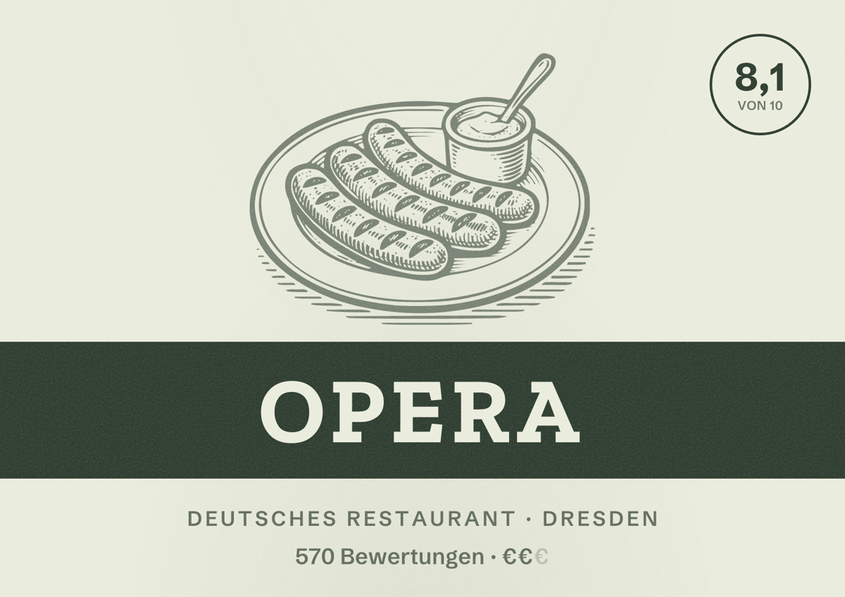 Illustriertes Poster von OPERA, Deutsches Restaurant in Dresden: Bewertung 8,1 von 10 aus 570 Bewertungen, Preisniveau €€
