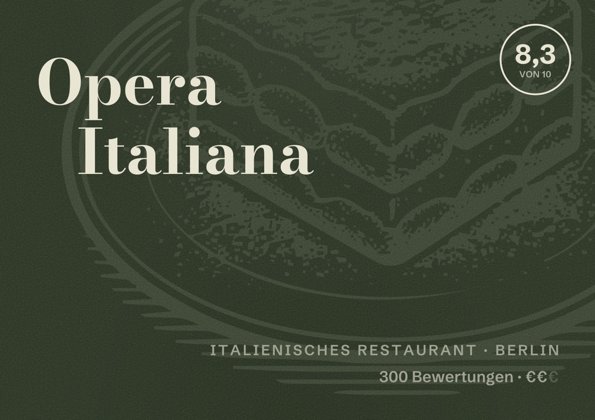 Illustriertes Poster von Opera Italiana, Italienisches Restaurant in Berlin: Bewertung 8,3 von 10 aus 300 Bewertungen, Preisniveau €€