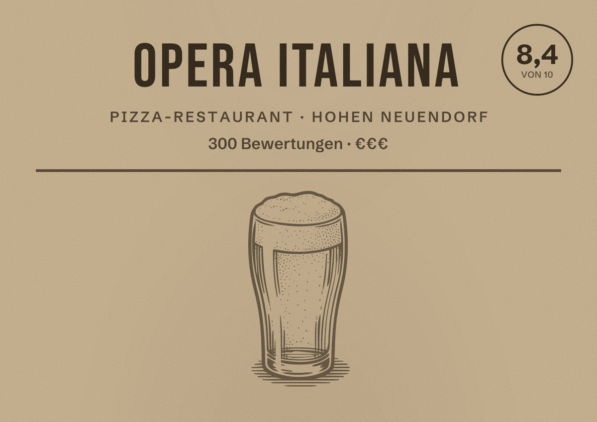 Illustriertes Poster von Opera Italiana, Pizza-Restaurant in Hohen Neuendorf: Bewertung 8,4 von 10 aus 300 Bewertungen, Preisniveau €€€