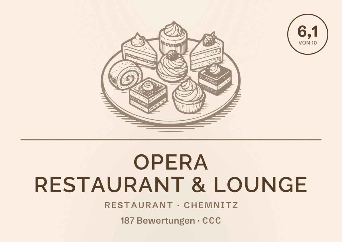 Illustriertes Poster von Opera Restaurant & Lounge, Restaurant in Chemnitz: Bewertung 6,1 von 10 aus 187 Bewertungen, Preisniveau €€€