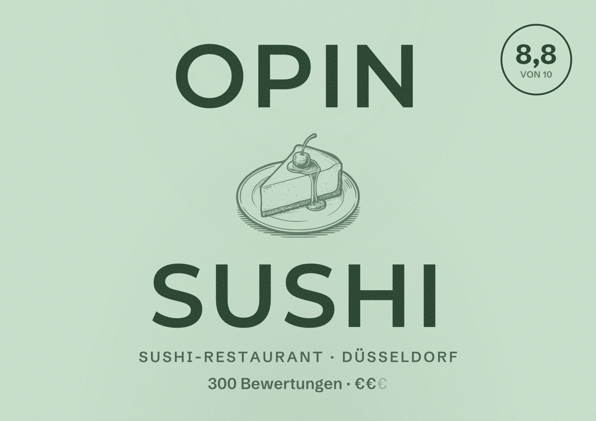 Illustriertes Poster von OPIN SUSHI, Sushi-Restaurant in Düsseldorf: Bewertung 8,8 von 10 aus 300 Bewertungen, Preisniveau €€