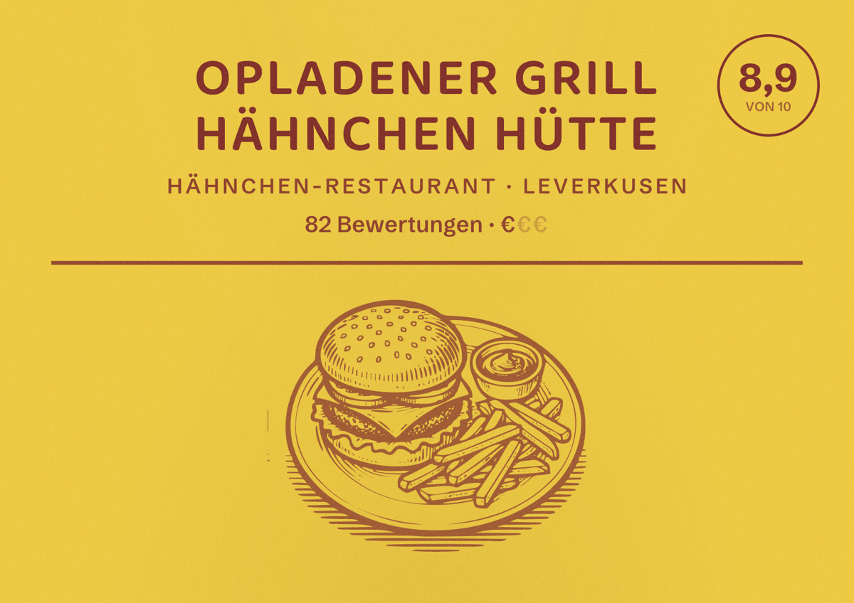 Illustriertes Poster von Opladener Grill Hähnchen Hütte, Hähnchen-Restaurant in Leverkusen: Bewertung 8,9 von 10 aus 82 Bewertungen, Preisniveau €