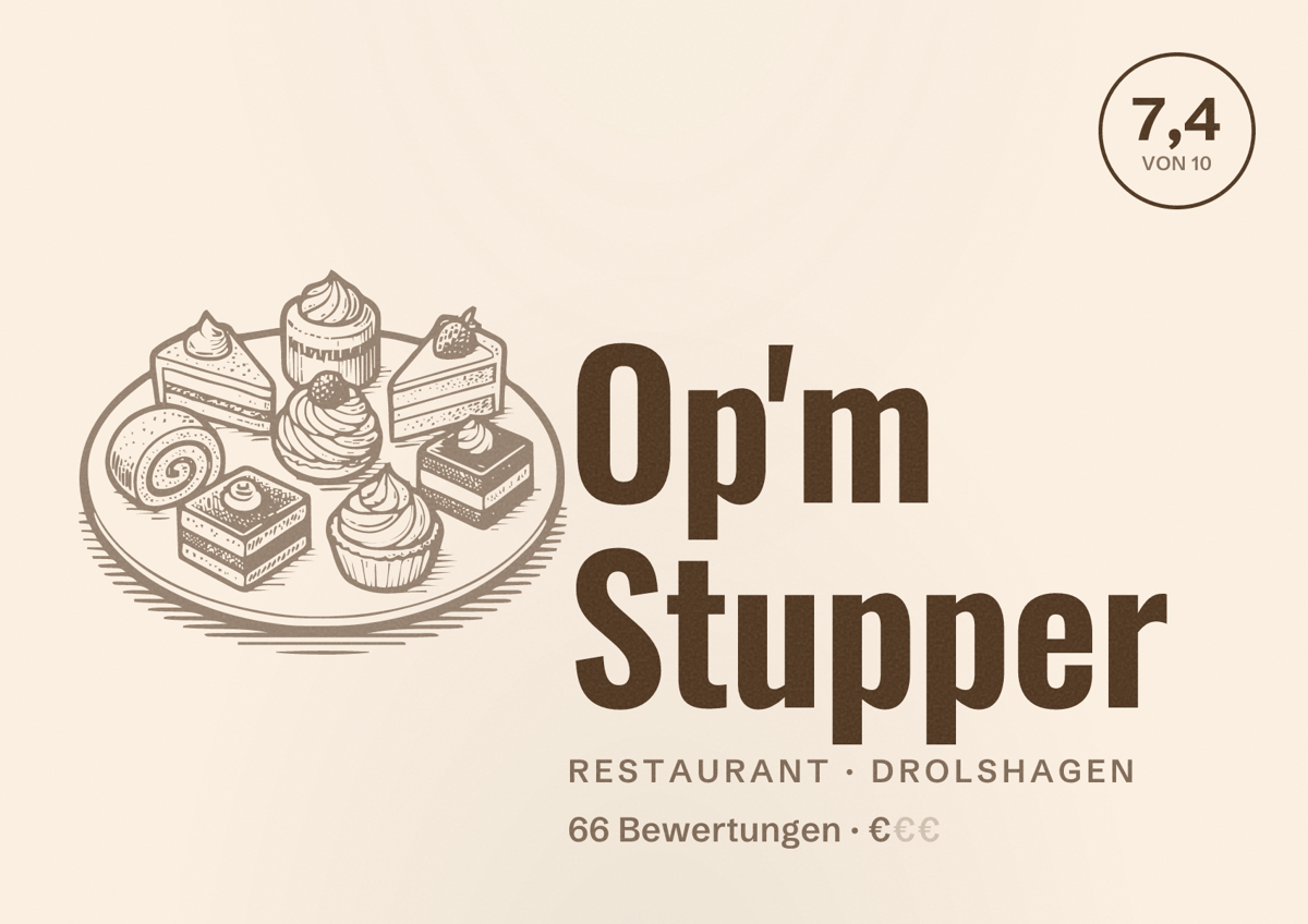 Illustriertes Poster von Op'm Stupper, Restaurant in Drolshagen: Bewertung 7,4 von 10 aus 66 Bewertungen, Preisniveau €