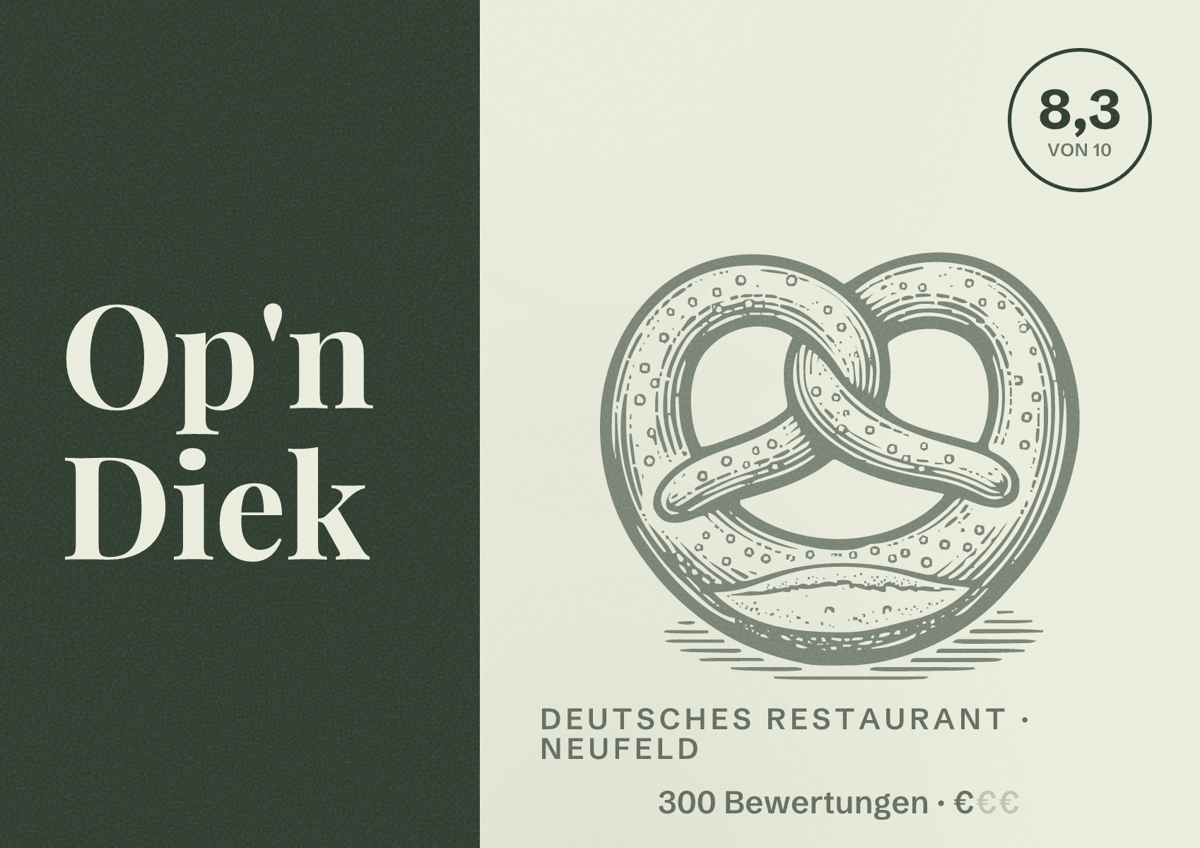 Illustriertes Poster von Op'n Diek, Deutsches Restaurant in Neufeld: Bewertung 8,3 von 10 aus 300 Bewertungen, Preisniveau €