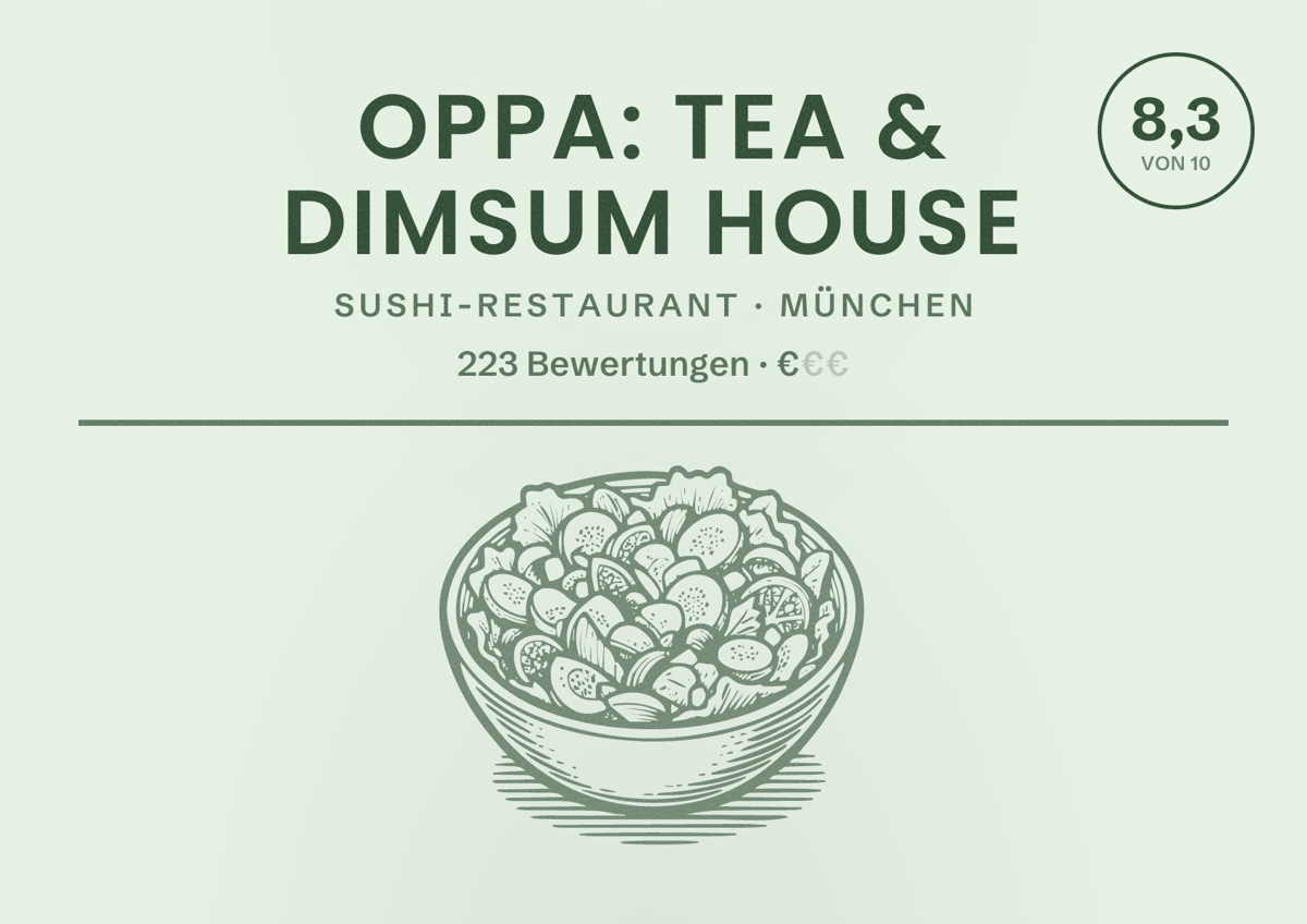 Illustriertes Poster von OPPA: Tea & Dimsum House, Sushi-Restaurant in München: Bewertung 8,3 von 10 aus 223 Bewertungen, Preisniveau €