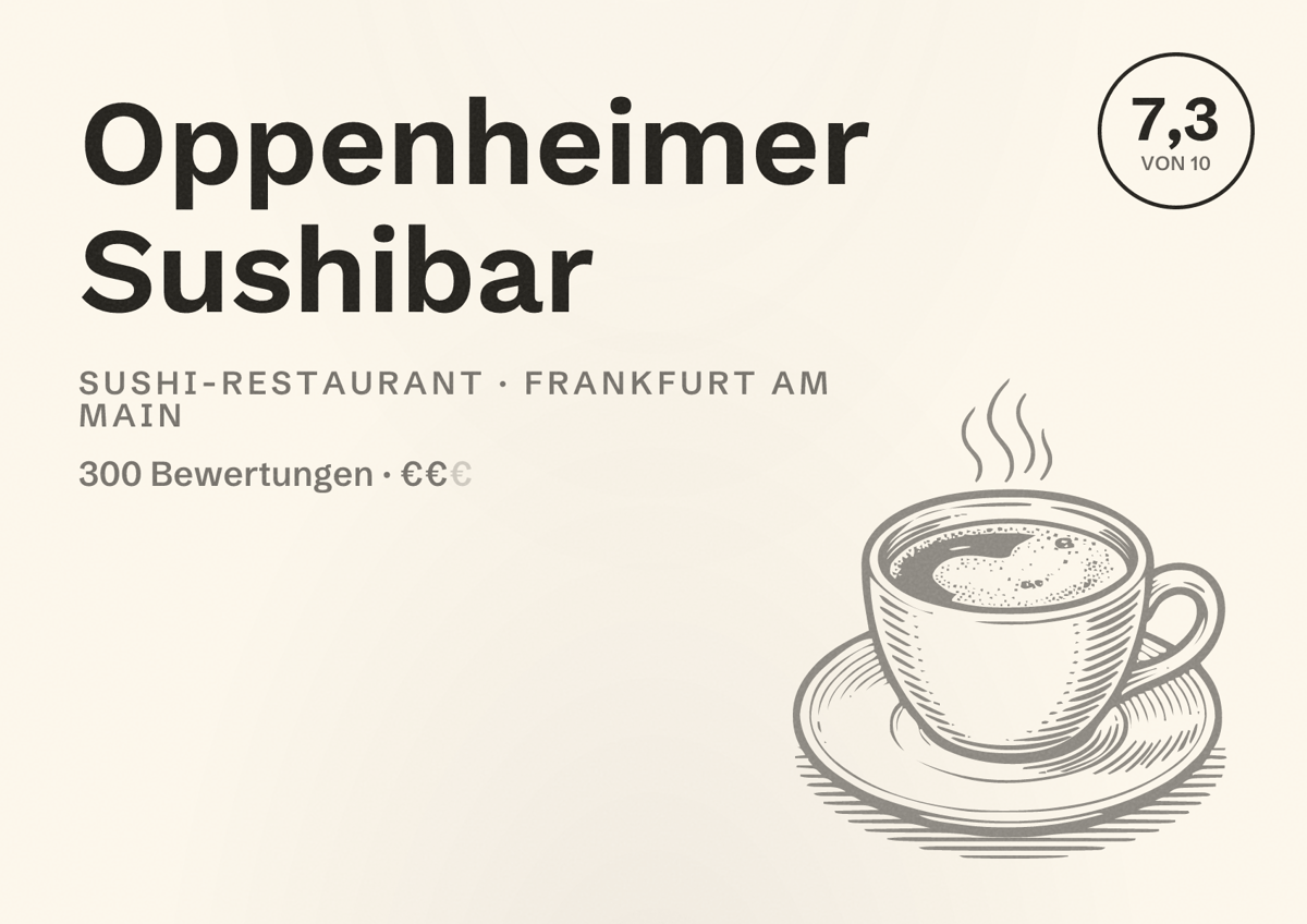 Illustriertes Poster von Oppenheimer Sushibar, Sushi-Restaurant in Frankfurt am Main: Bewertung 7,3 von 10 aus 300 Bewertungen, Preisniveau €€