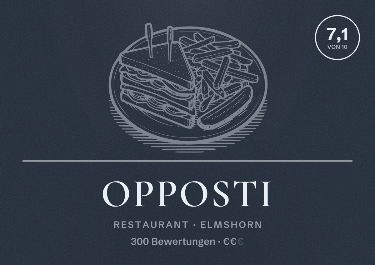 Illustriertes Poster von OPPOSTI, Restaurant in Elmshorn: Bewertung 7,1 von 10 aus 300 Bewertungen, Preisniveau €€