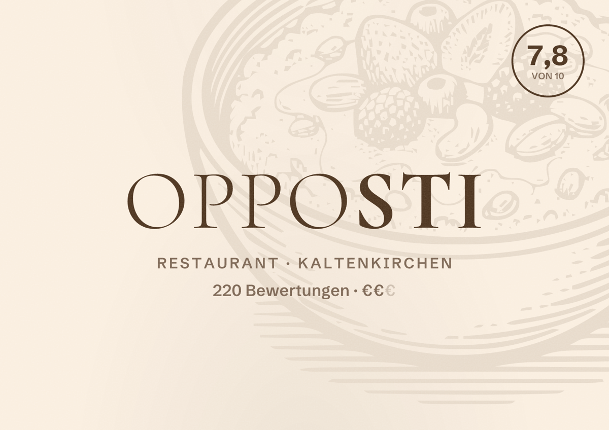 Illustriertes Poster von OPPOSTI, Restaurant in Kaltenkirchen: Bewertung 7,8 von 10 aus 220 Bewertungen, Preisniveau €€