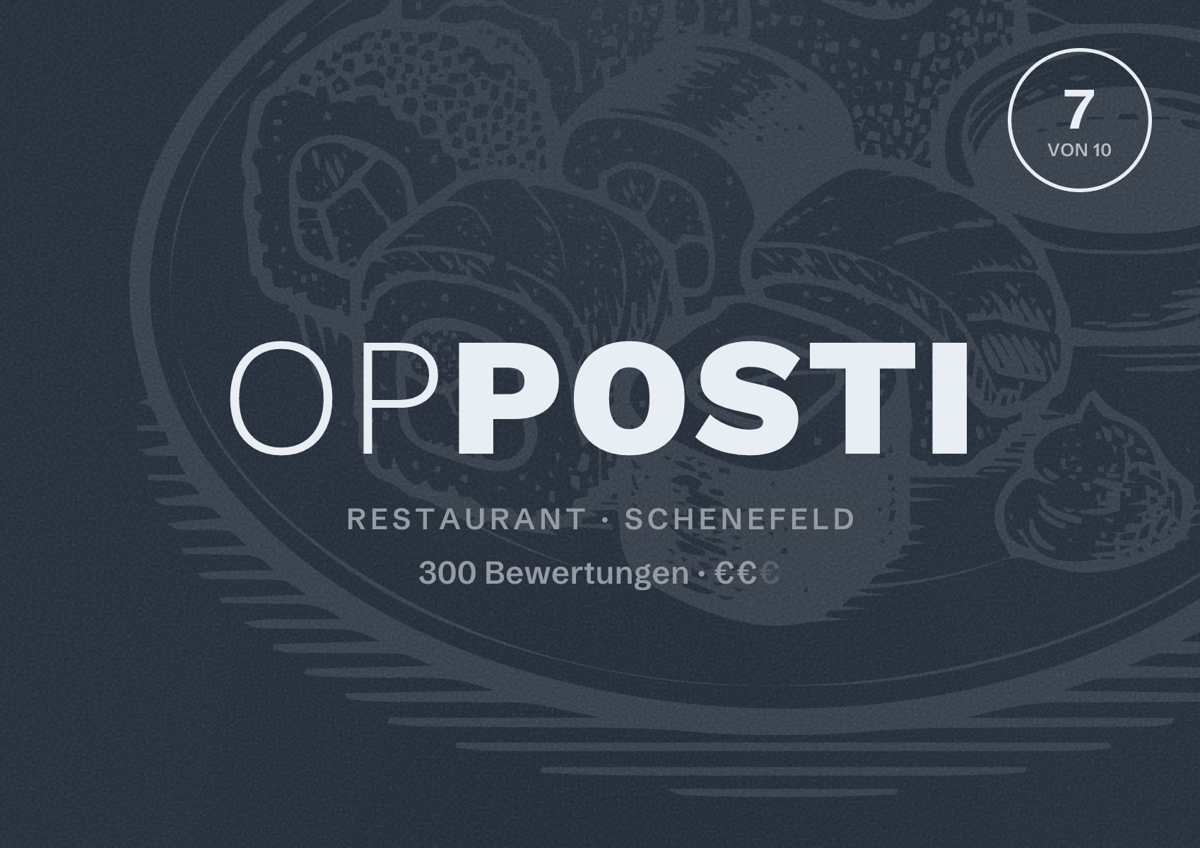 Illustriertes Poster von OPPOSTI, Restaurant in Schenefeld: Bewertung 7 von 10 aus 300 Bewertungen, Preisniveau €€