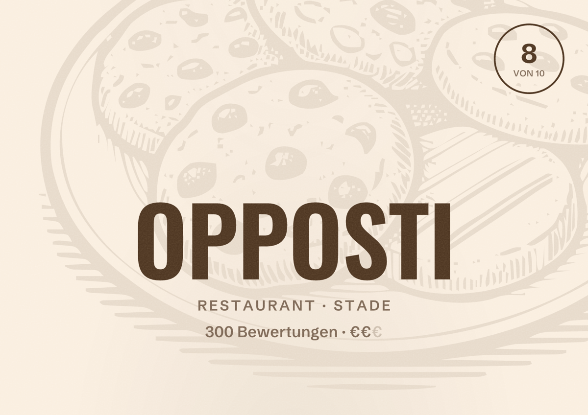 Illustriertes Poster von OPPOSTI, Restaurant in Stade: Bewertung 8 von 10 aus 300 Bewertungen, Preisniveau €€