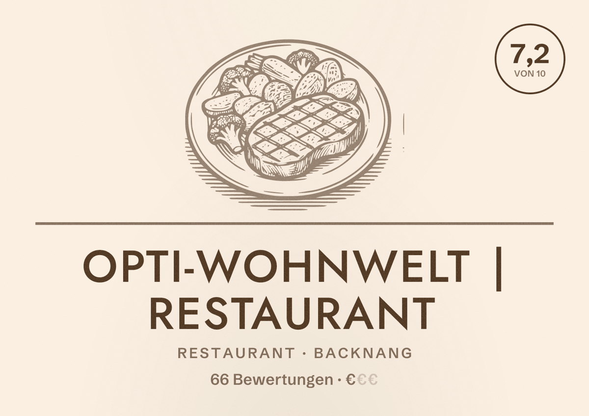 Illustriertes Poster von Opti-Wohnwelt | Restaurant, Restaurant in Backnang: Bewertung 7,2 von 10 aus 66 Bewertungen, Preisniveau €