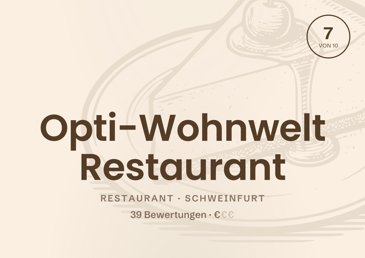 Illustriertes Poster von Opti-Wohnwelt Restaurant, Restaurant in Schweinfurt: Bewertung 7 von 10 aus 39 Bewertungen, Preisniveau €