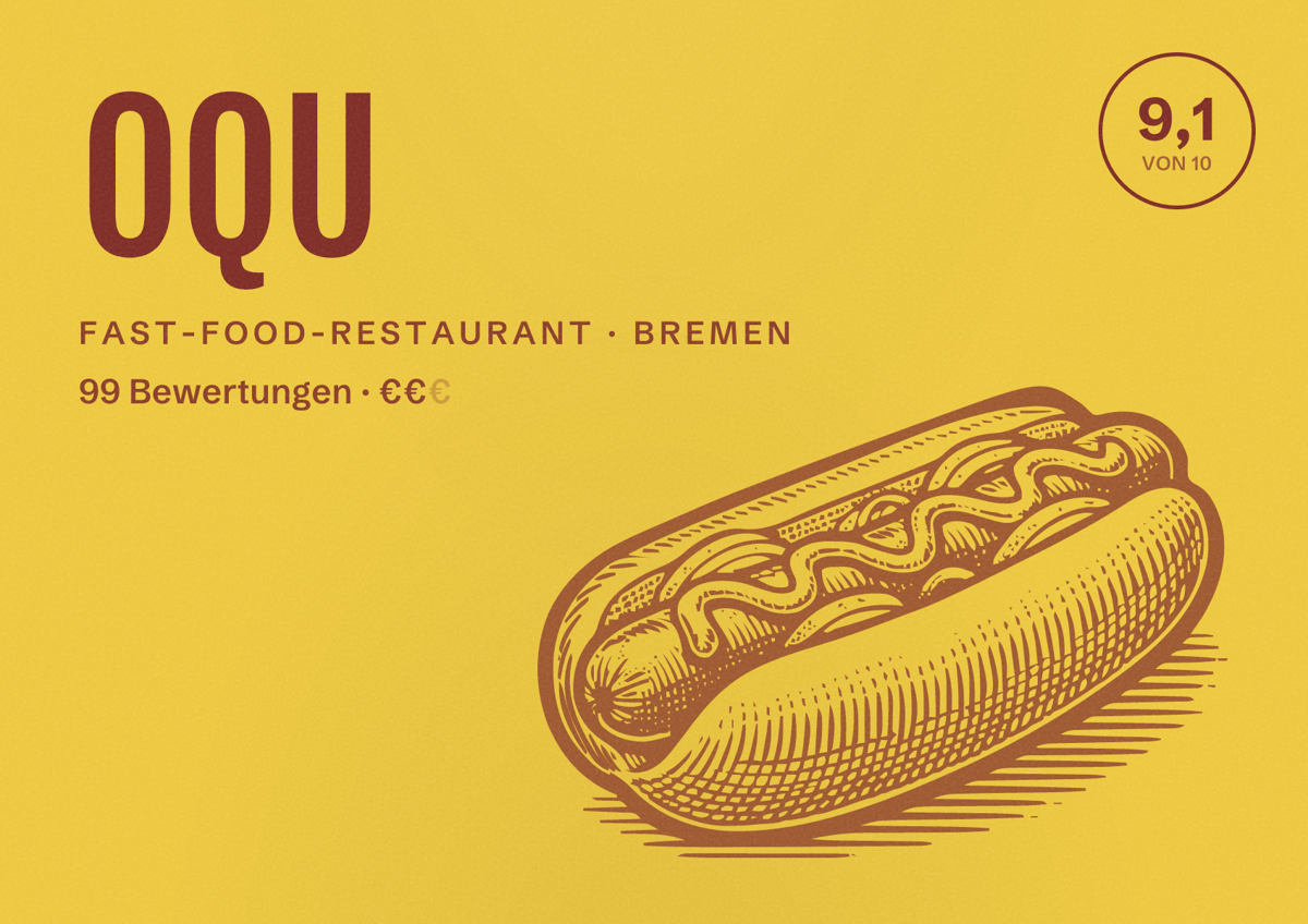 Illustriertes Poster von OQU, Fast-Food-Restaurant in Bremen: Bewertung 9,1 von 10 aus 99 Bewertungen, Preisniveau €€