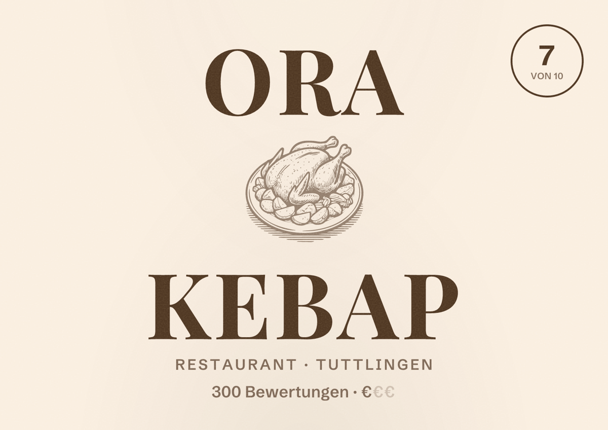 Illustriertes Poster von Ora Kebap, Restaurant in Tuttlingen: Bewertung 7 von 10 aus 300 Bewertungen, Preisniveau €