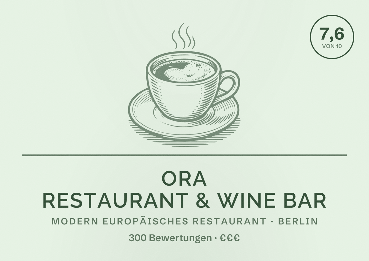 Illustriertes Poster von ORA Restaurant & Wine Bar, Modern europäisches Restaurant in Berlin: Bewertung 7,6 von 10 aus 300 Bewertungen, Preisniveau €€€