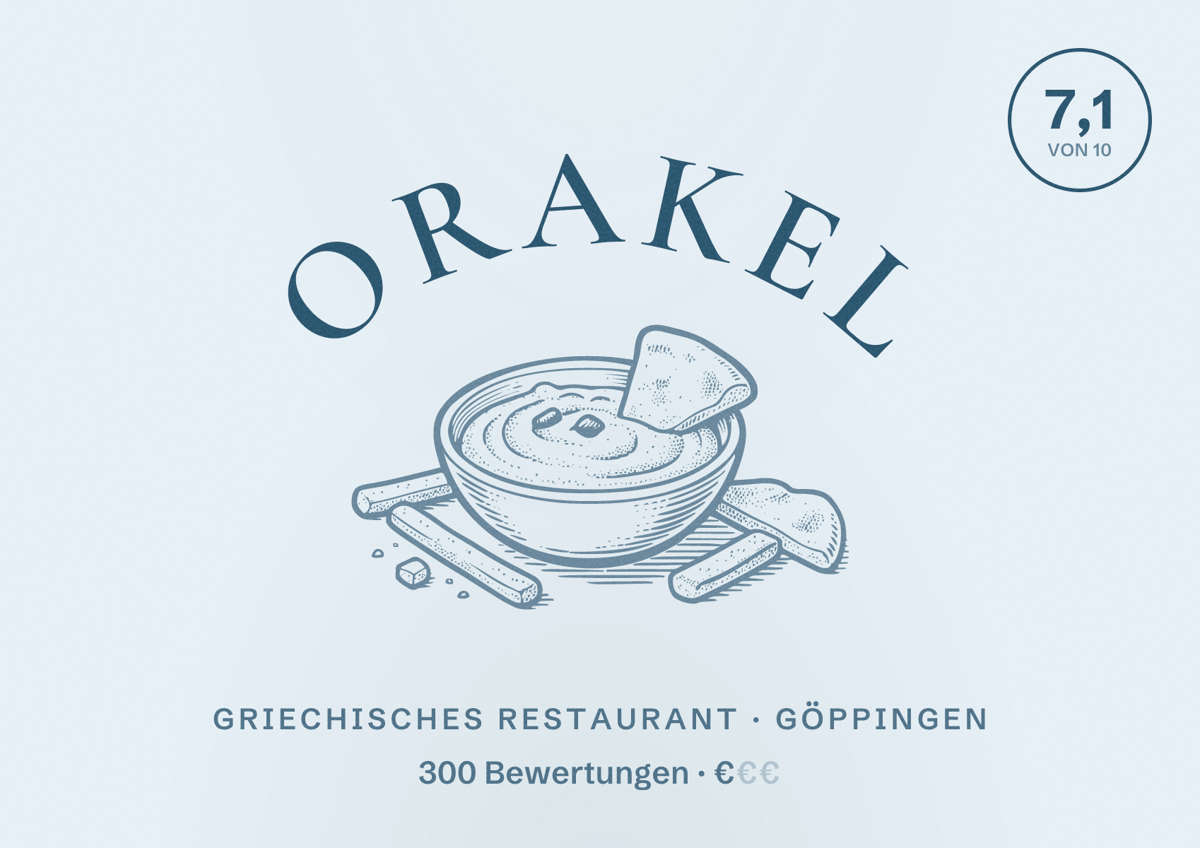 Illustriertes Poster von Orakel, Griechisches Restaurant in Göppingen: Bewertung 7,1 von 10 aus 300 Bewertungen, Preisniveau €
