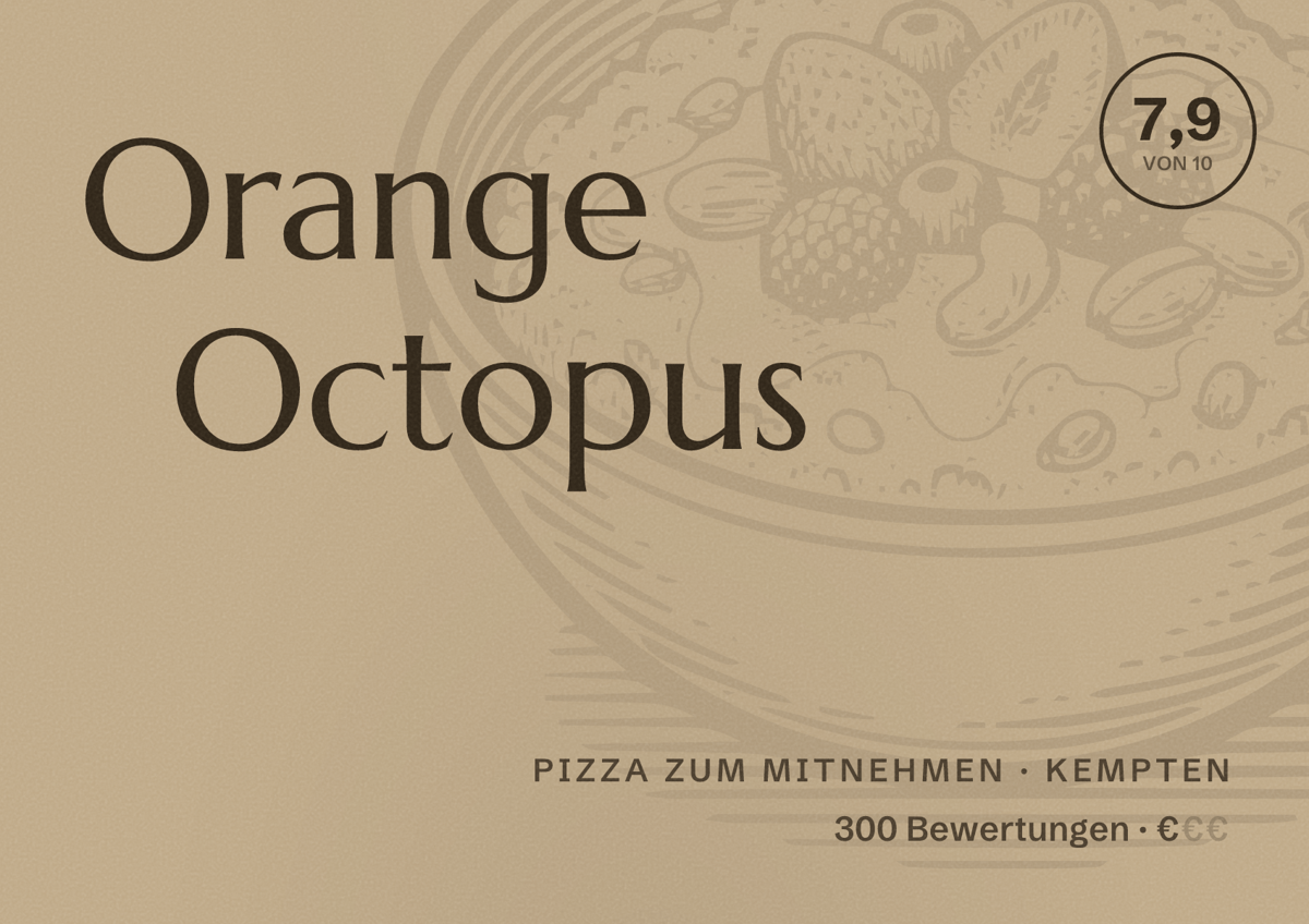 Illustriertes Poster von Orange Octopus, Pizza zum Mitnehmen in Kempten: Bewertung 7,9 von 10 aus 300 Bewertungen, Preisniveau €