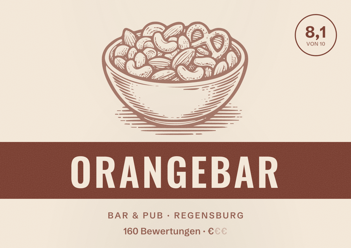 Illustriertes Poster von OrangeBar, Bar & Pub in Regensburg: Bewertung 8,1 von 10 aus 160 Bewertungen, Preisniveau €