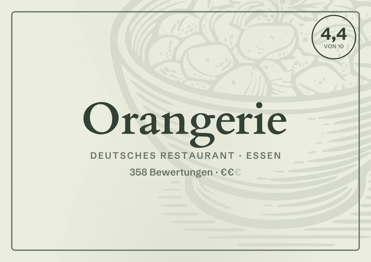 Illustriertes Poster von Orangerie, Deutsches Restaurant in Essen: Bewertung 4,4 von 10 aus 358 Bewertungen, Preisniveau €€