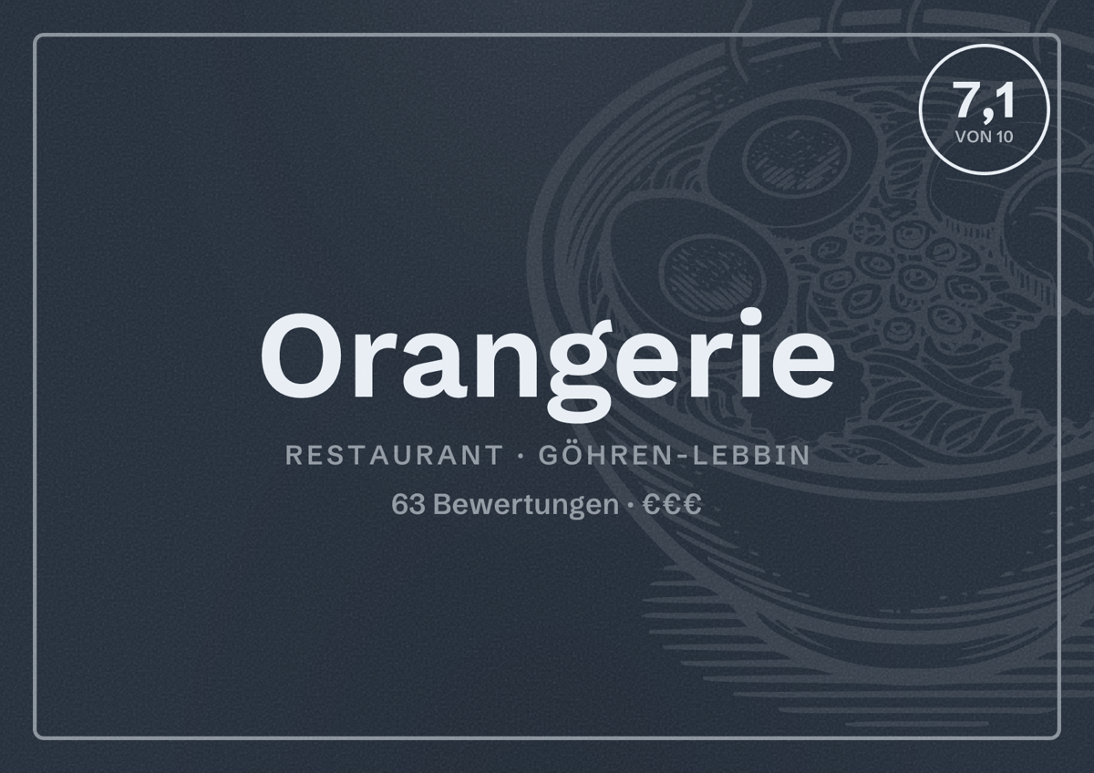 Illustriertes Poster von Orangerie, Restaurant in Göhren-Lebbin: Bewertung 7,1 von 10 aus 63 Bewertungen, Preisniveau €€€