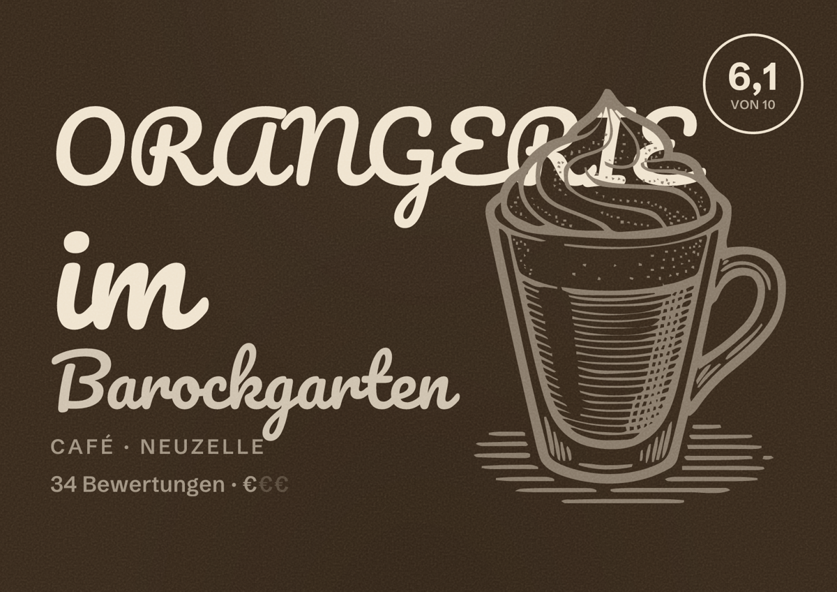 Illustriertes Poster von ORANGERIE im Barockgarten, Café in Neuzelle: Bewertung 6,1 von 10 aus 34 Bewertungen, Preisniveau €