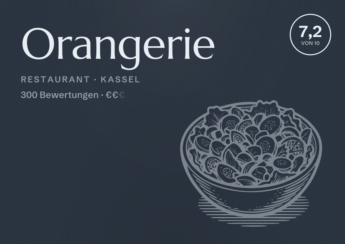 Illustriertes Poster von Orangerie, Restaurant in Kassel: Bewertung 7,2 von 10 aus 300 Bewertungen, Preisniveau €€