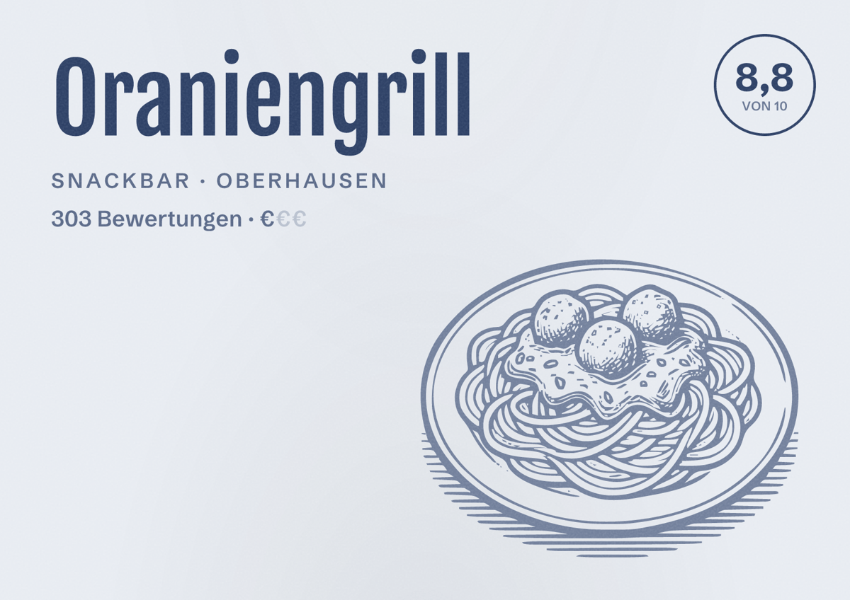Illustriertes Poster von Oraniengrill, Snackbar in Oberhausen: Bewertung 8,8 von 10 aus 303 Bewertungen, Preisniveau €
