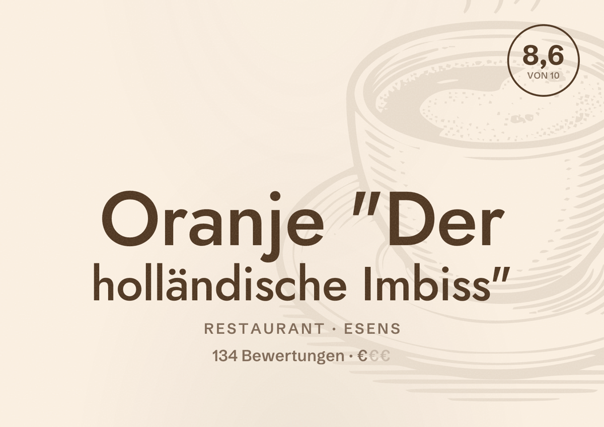 Illustriertes Poster von Oranje "Der holländische Imbiss", Restaurant in Esens: Bewertung 8,6 von 10 aus 134 Bewertungen, Preisniveau €