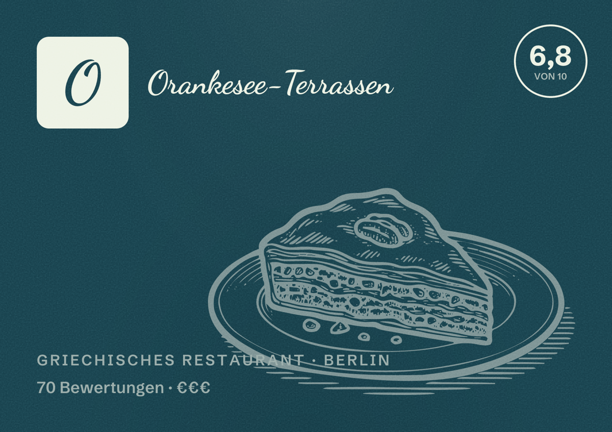 Illustriertes Poster von Orankesee-Terrassen, Griechisches Restaurant in Berlin: Bewertung 6,8 von 10 aus 70 Bewertungen, Preisniveau €€€
