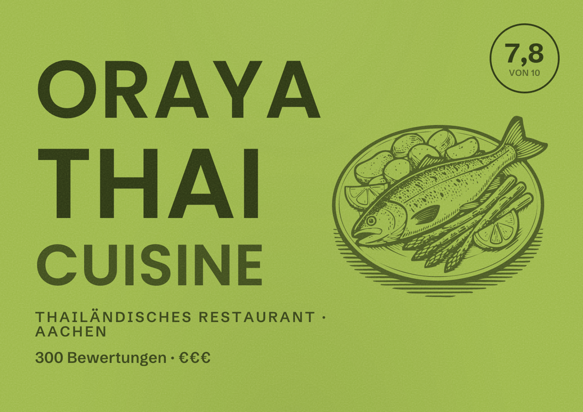 Illustriertes Poster von Oraya Thai Cuisine, Thailändisches Restaurant in Aachen: Bewertung 7,8 von 10 aus 300 Bewertungen, Preisniveau €€€