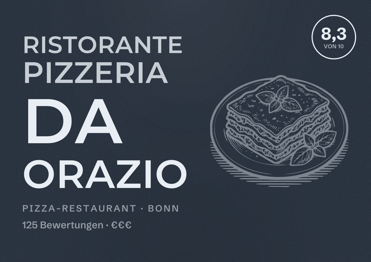 Illustriertes Poster von Ristorante Pizzeria da Orazio, Pizza-Restaurant in Bonn: Bewertung 8,3 von 10 aus 125 Bewertungen, Preisniveau €€€