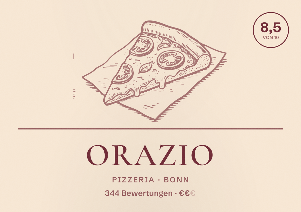 Illustriertes Poster von Orazio, Pizzeria in Bonn: Bewertung 8,5 von 10 aus 344 Bewertungen, Preisniveau €€