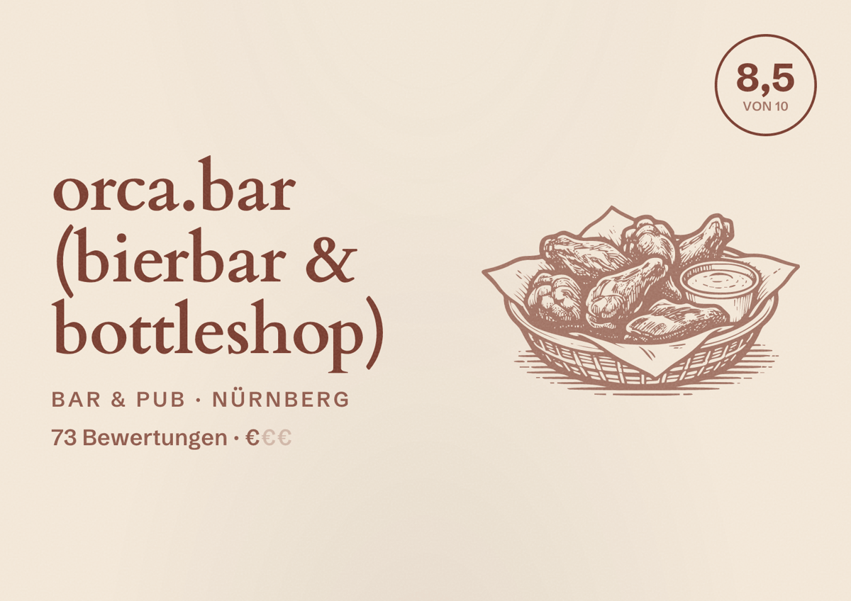 Illustriertes Poster von orca.bar (bierbar & bottleshop), Bar & Pub in Nürnberg: Bewertung 8,5 von 10 aus 73 Bewertungen, Preisniveau €