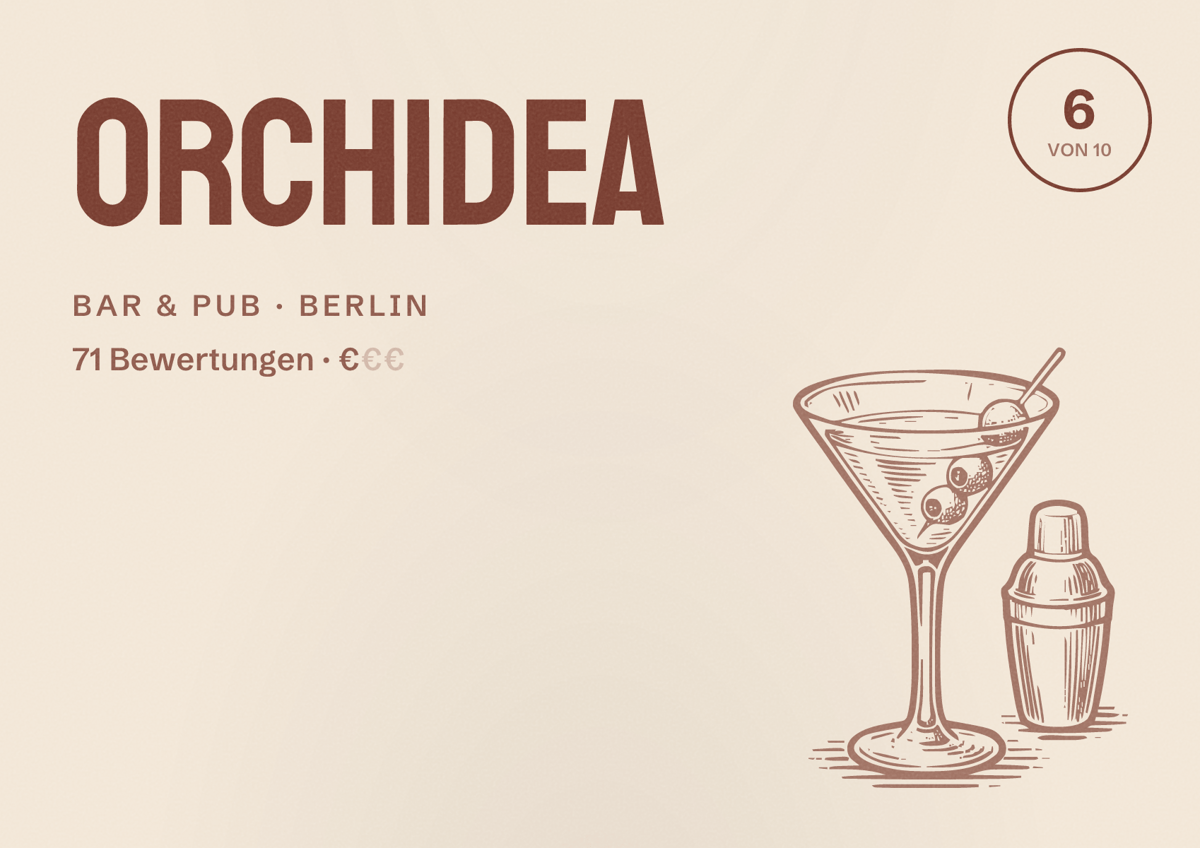 Illustriertes Poster von Orchidea, Bar & Pub in Berlin: Bewertung 6 von 10 aus 71 Bewertungen, Preisniveau €