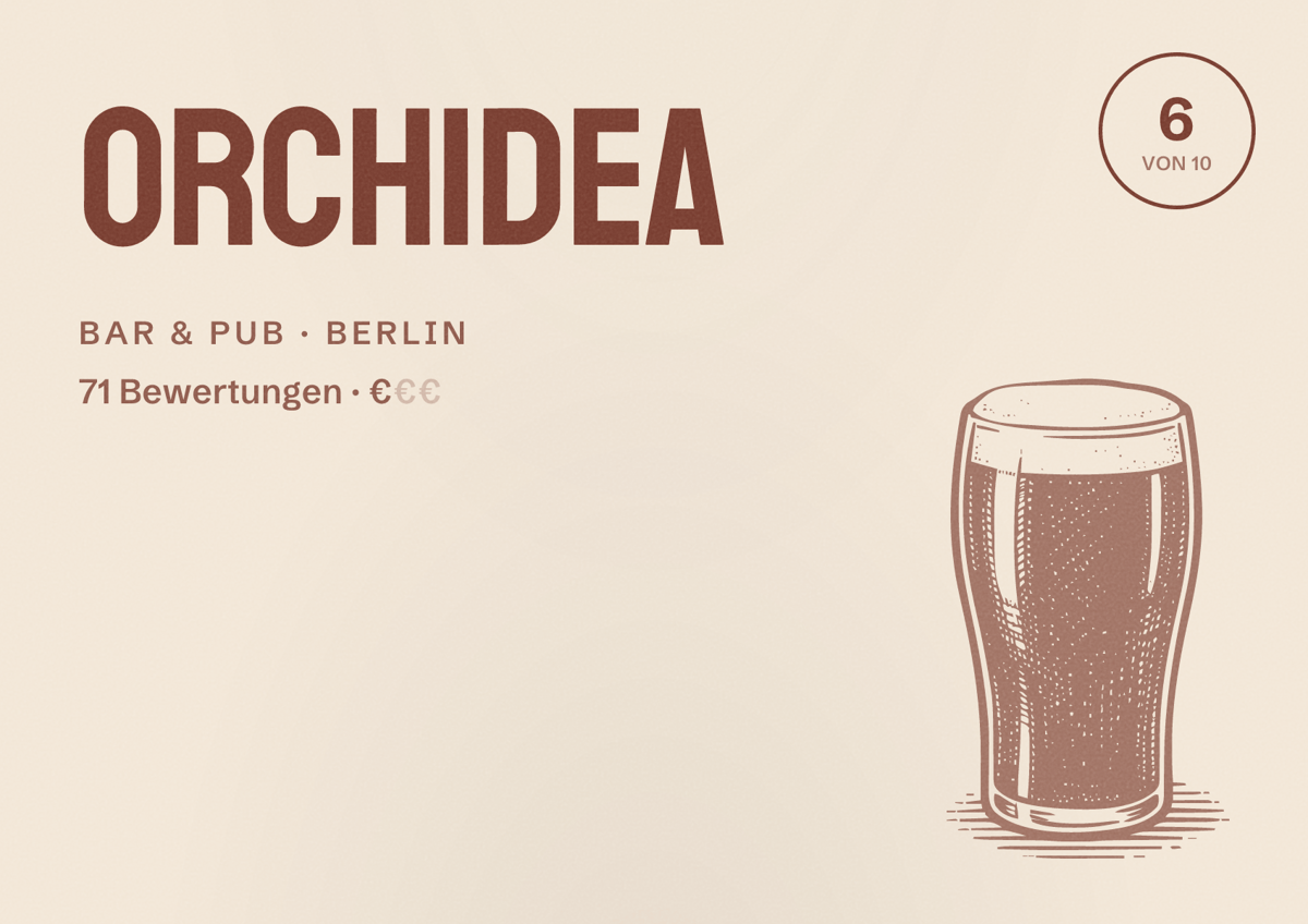 Illustriertes Poster von Orchidea, Bar & Pub in Berlin: Bewertung 6,0 von 10 aus 71 Bewertungen, Preisniveau €