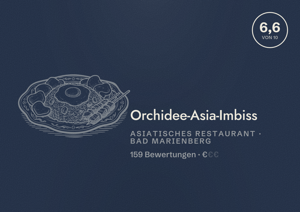 Illustriertes Poster von Orchidee-Asia-Imbiss, Asiatisches Restaurant in Bad Marienberg: Bewertung 6,6 von 10 aus 159 Bewertungen, Preisniveau €