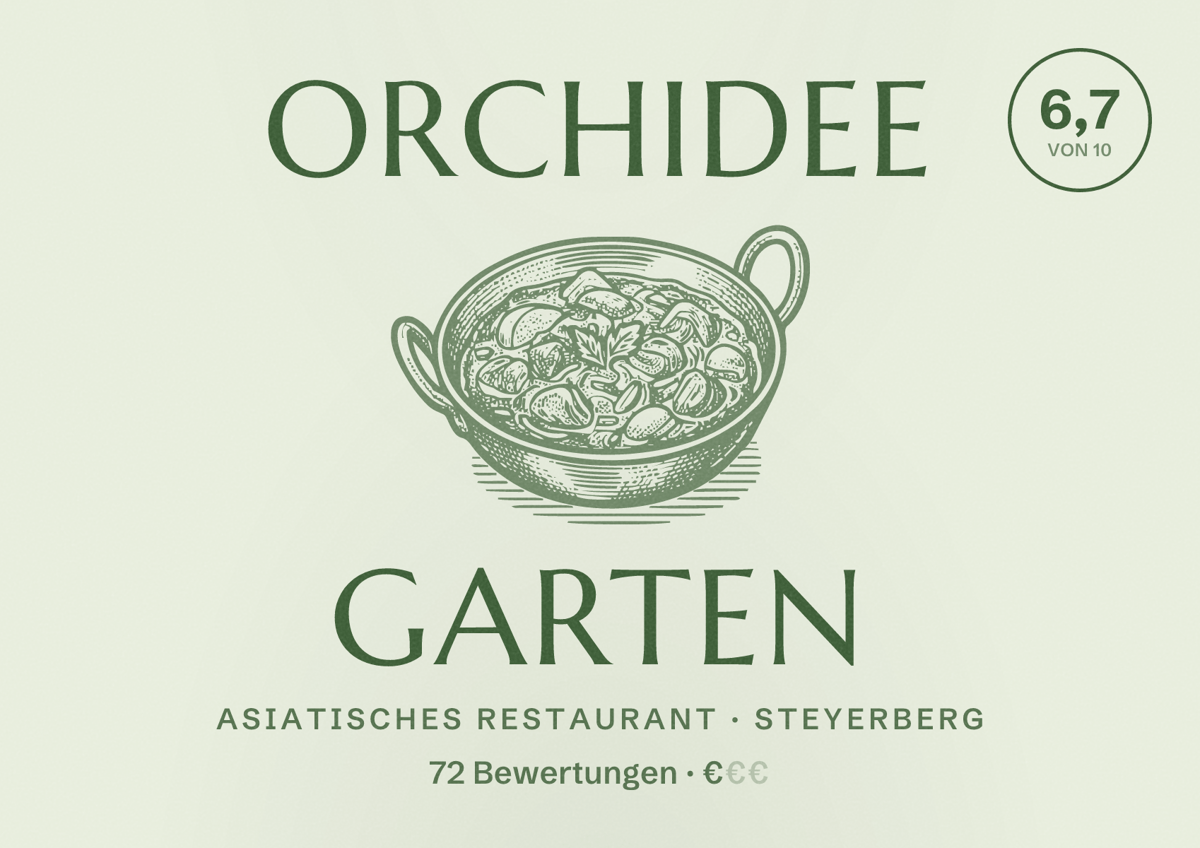 Illustriertes Poster von Orchidee Garten, Asiatisches Restaurant in Steyerberg: Bewertung 6,7 von 10 aus 72 Bewertungen, Preisniveau €