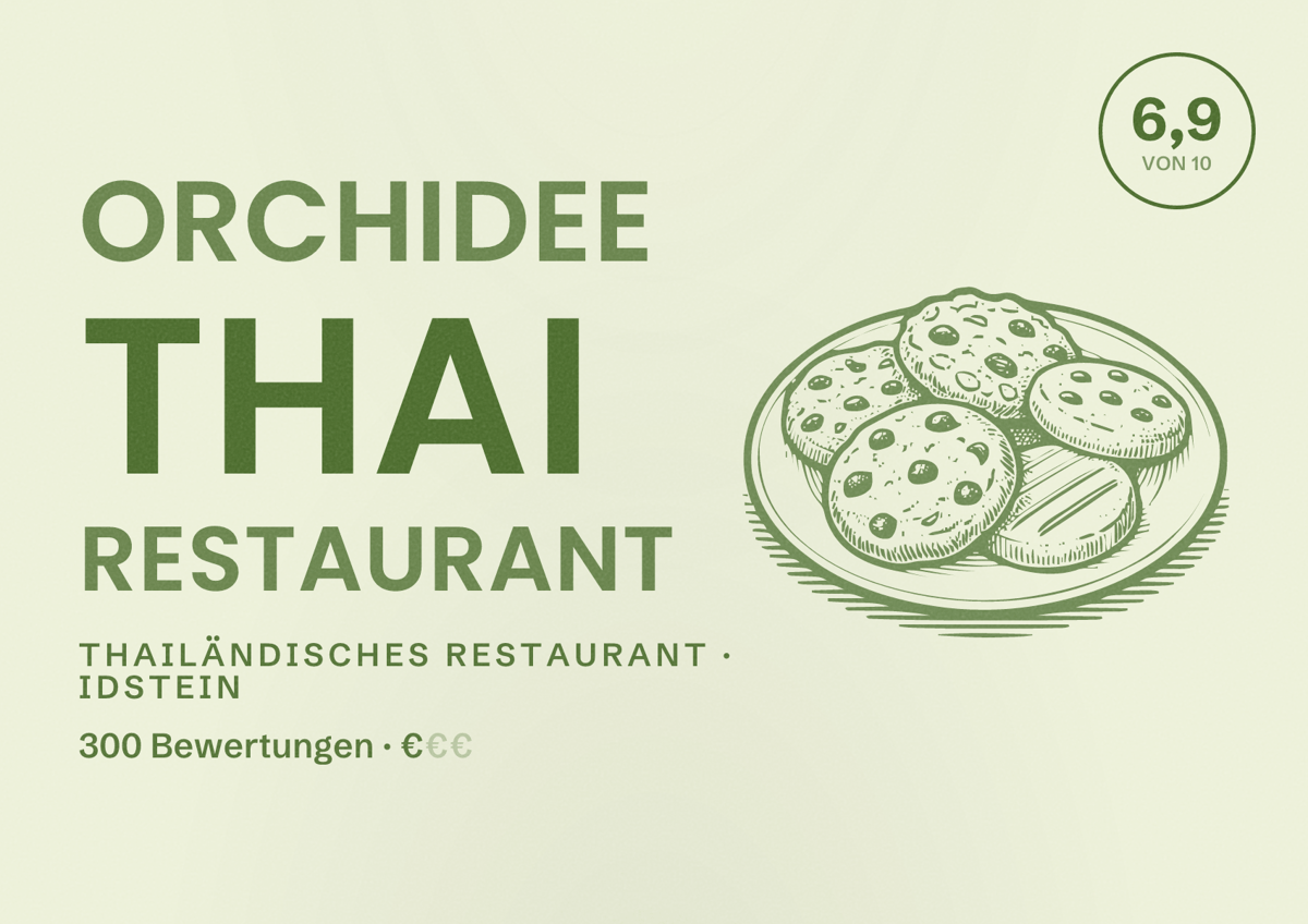 Illustriertes Poster von Orchidee Thai Restaurant, Thailändisches Restaurant in Idstein: Bewertung 6,9 von 10 aus 300 Bewertungen, Preisniveau €