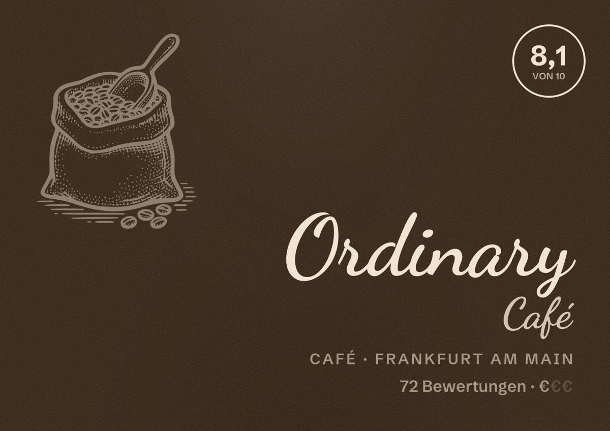 Illustriertes Poster von Ordinary Café, Café in Frankfurt am Main: Bewertung 8,1 von 10 aus 72 Bewertungen, Preisniveau €