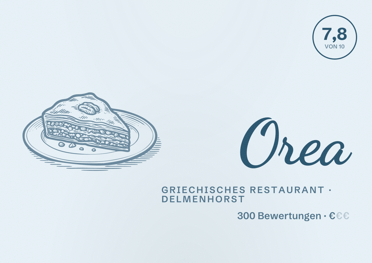 Illustriertes Poster von Orea, Griechisches Restaurant in Delmenhorst: Bewertung 7,8 von 10 aus 300 Bewertungen, Preisniveau €