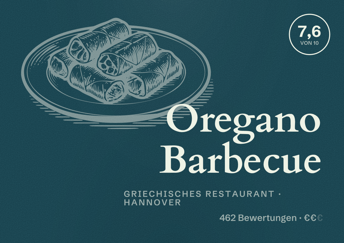 Illustriertes Poster von Oregano Barbecue, Griechisches Restaurant in Hannover: Bewertung 7,6 von 10 aus 462 Bewertungen, Preisniveau €€