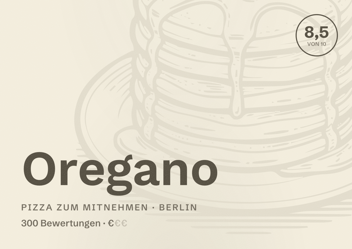 Illustriertes Poster von Oregano, Pizza zum Mitnehmen in Berlin: Bewertung 8,5 von 10 aus 300 Bewertungen, Preisniveau €