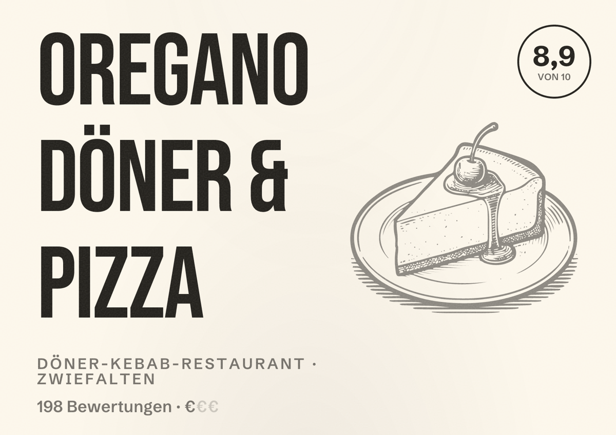 Illustriertes Poster von Oregano Döner & Pizza, Döner-Kebab-Restaurant in Zwiefalten: Bewertung 8,9 von 10 aus 198 Bewertungen, Preisniveau €